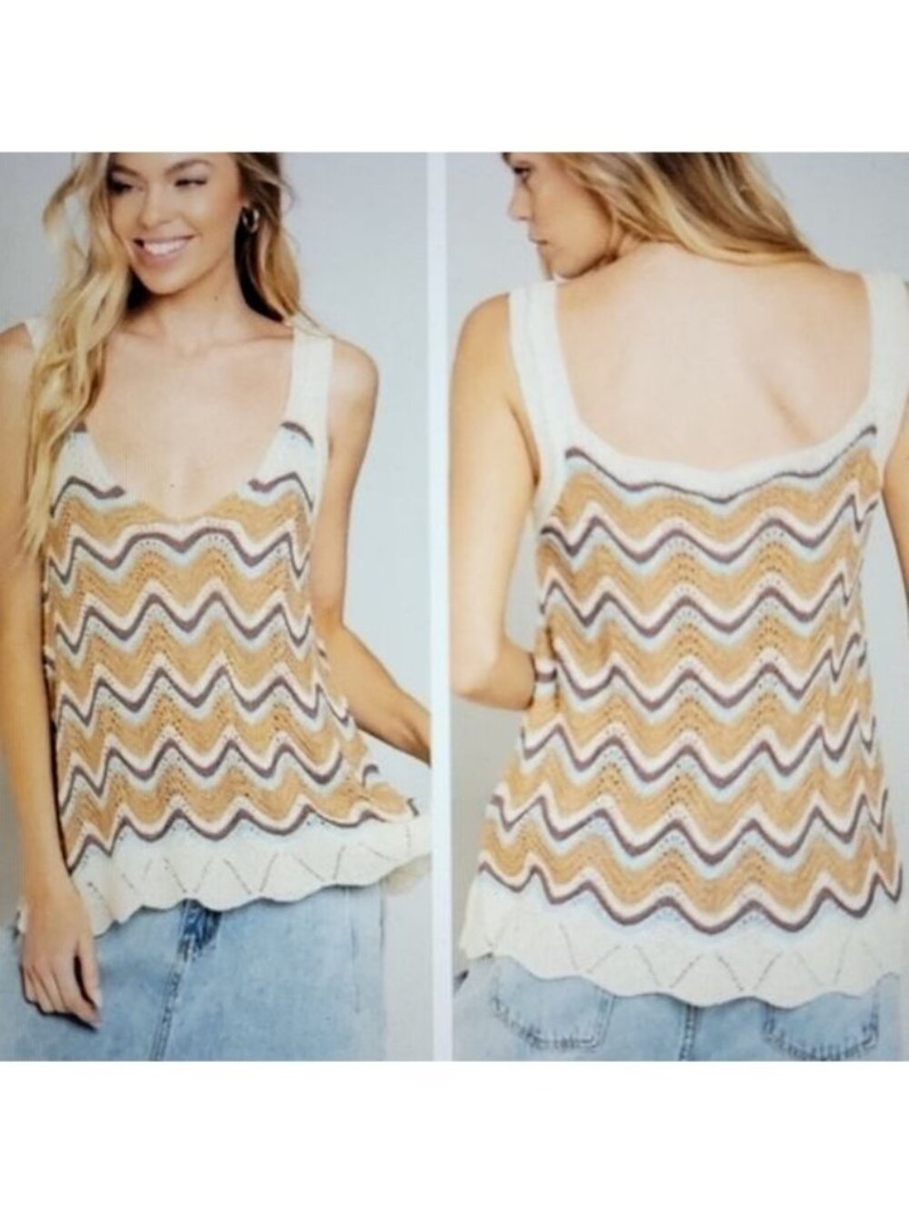 POL Womens M Cream Brown Blue Chevron Zigzag Crochet Knit Tank Top Boho Festival